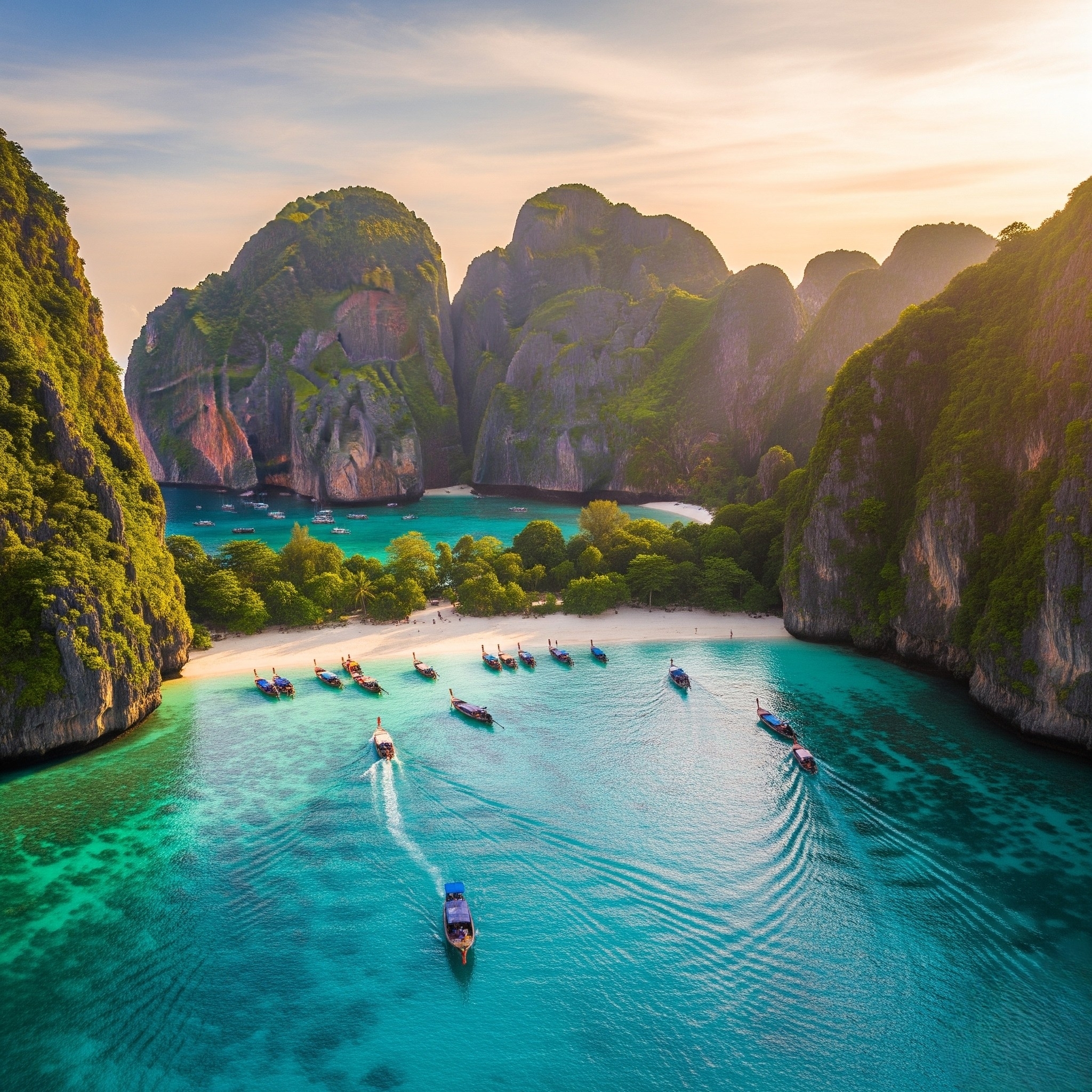Phi Phi Island bugt med turkisblåt vand og kalkstensklipper, Thailand