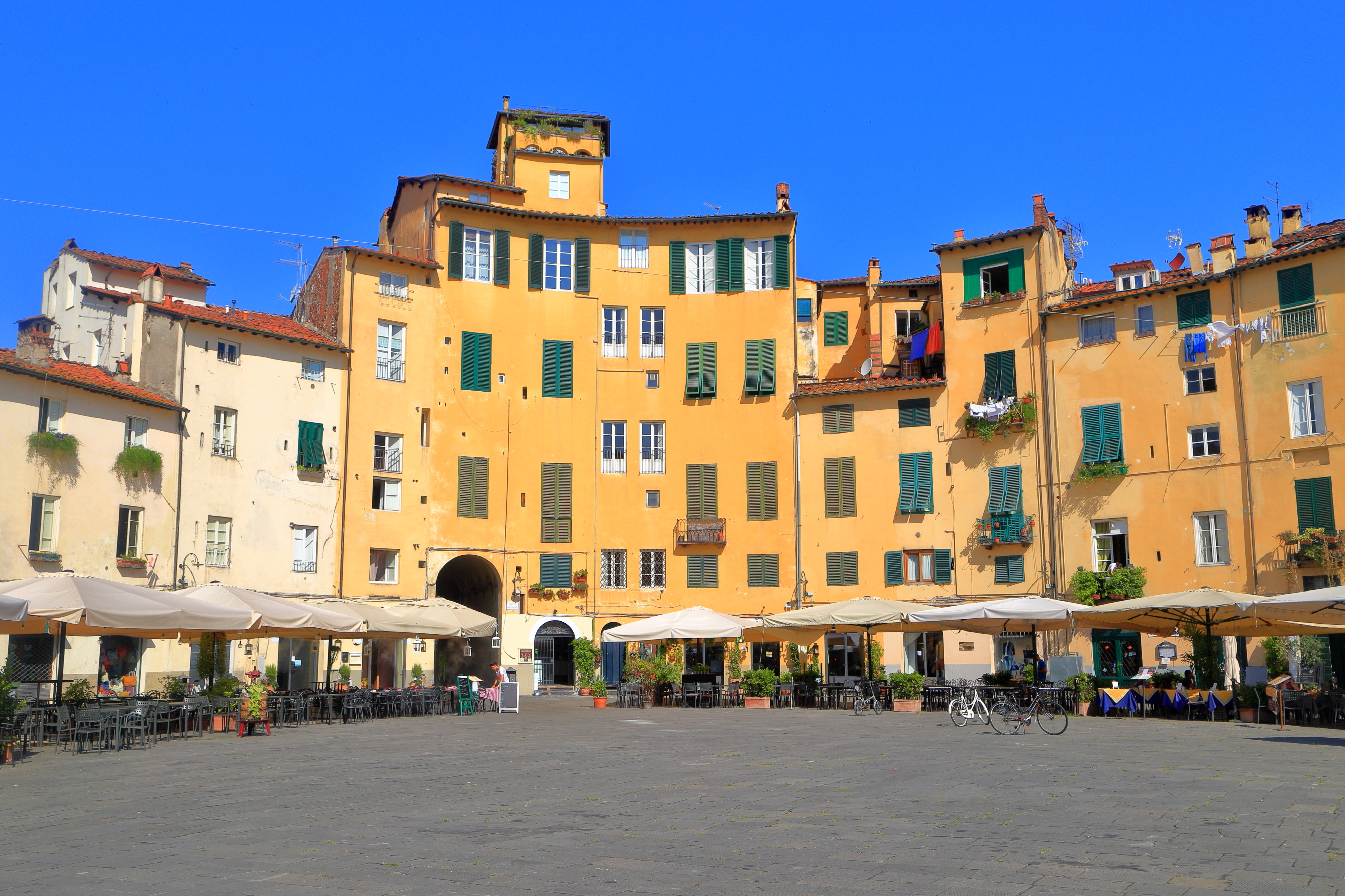 Den historiske cirkulære plads Piazza dell'Anfiteatro med gule middelalderbygninger i centrum af Lucca, Toscana, Italien