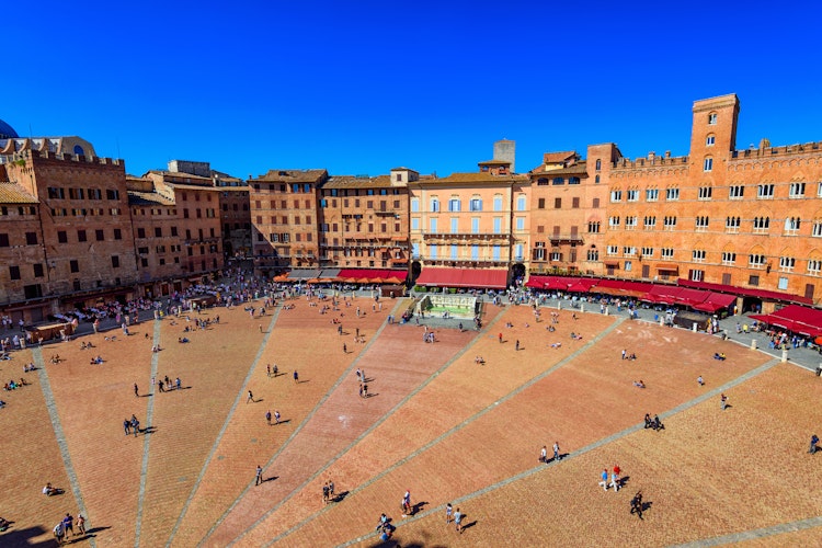 Luftfoto af den berømte muslingeformede Piazza del Campo i Siena, Toscana, med historiske bygninger og hyggelige terrassecafeer