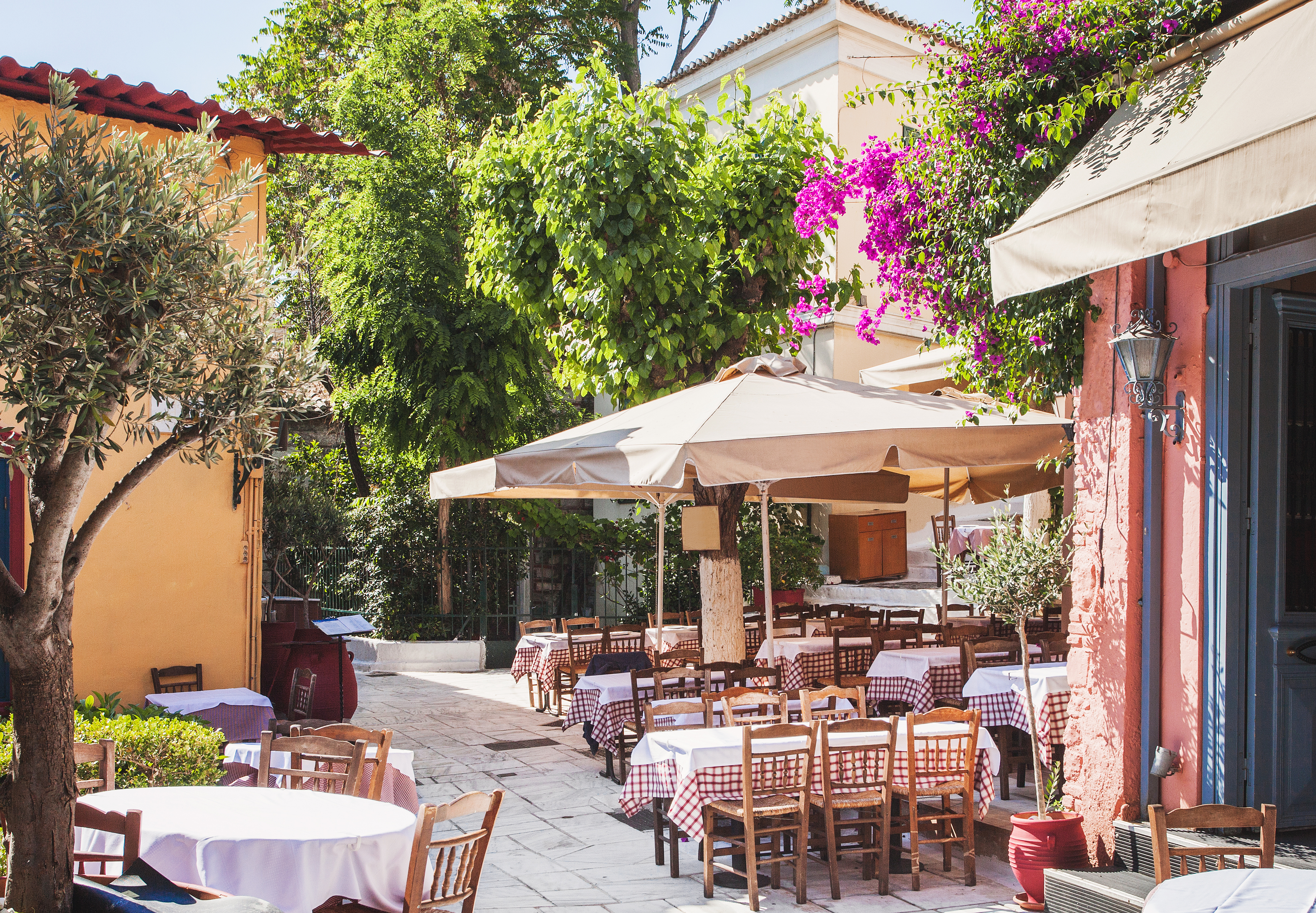 Hyggelig udendørs restaurant i Plaka-kvarteret i Athen med røde ternet duge, hvide parasoller og blomstrende bougainvillea