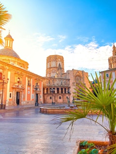 Den historiske Plaza de la Virgen i Valencia med katedralen badet i gyldent morgenlys, palmer og charmerende spansk arkitektur