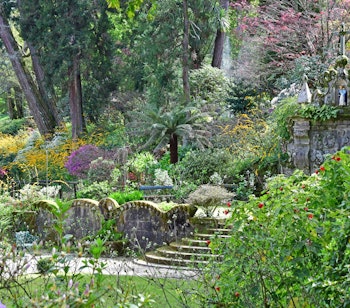 Historisk portugisisk quinta-have med terrasserede stenmure og frodig middelhavs-vegetation i vinregion