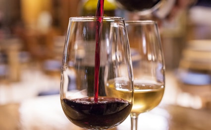 Portvinssmagning med rød og hvid portvin i traditionelt smagningslokale i Porto, Portugal