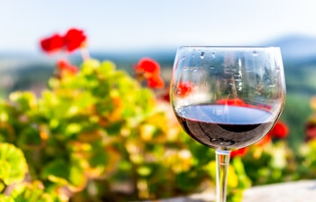 Nærbillede af et elegant glas rødvin med røde geranier i baggrunden ved en toscansk vingård, perfekt til en romantisk ferie i Italien