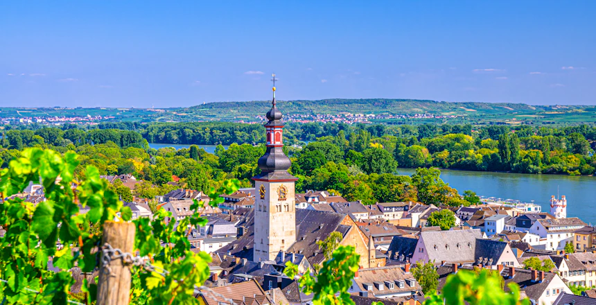 Panoramaudsigt over Rüdesheim am Rhein med St. Jakobus kirketårn, frodige vinmarker og Rhinen, der løber gennem den historiske tyske by