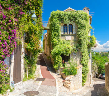 Charmerende smal stengade i den middelalderlige landsby Saint Paul de Vence i Provence, Sydfrankrig, med traditionel arkitektur, rustikke stenbygninger og blomstrende planter, der pryder den maleriske passage