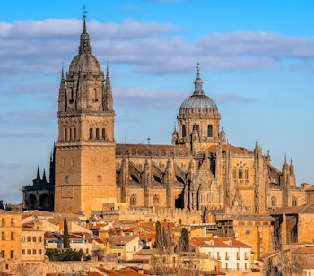 Betagende udsigt over Salamancas katedral badet i gyldent solnedgangslys, et historisk gotisk mesterværk i Castilla y Leon, Spanien