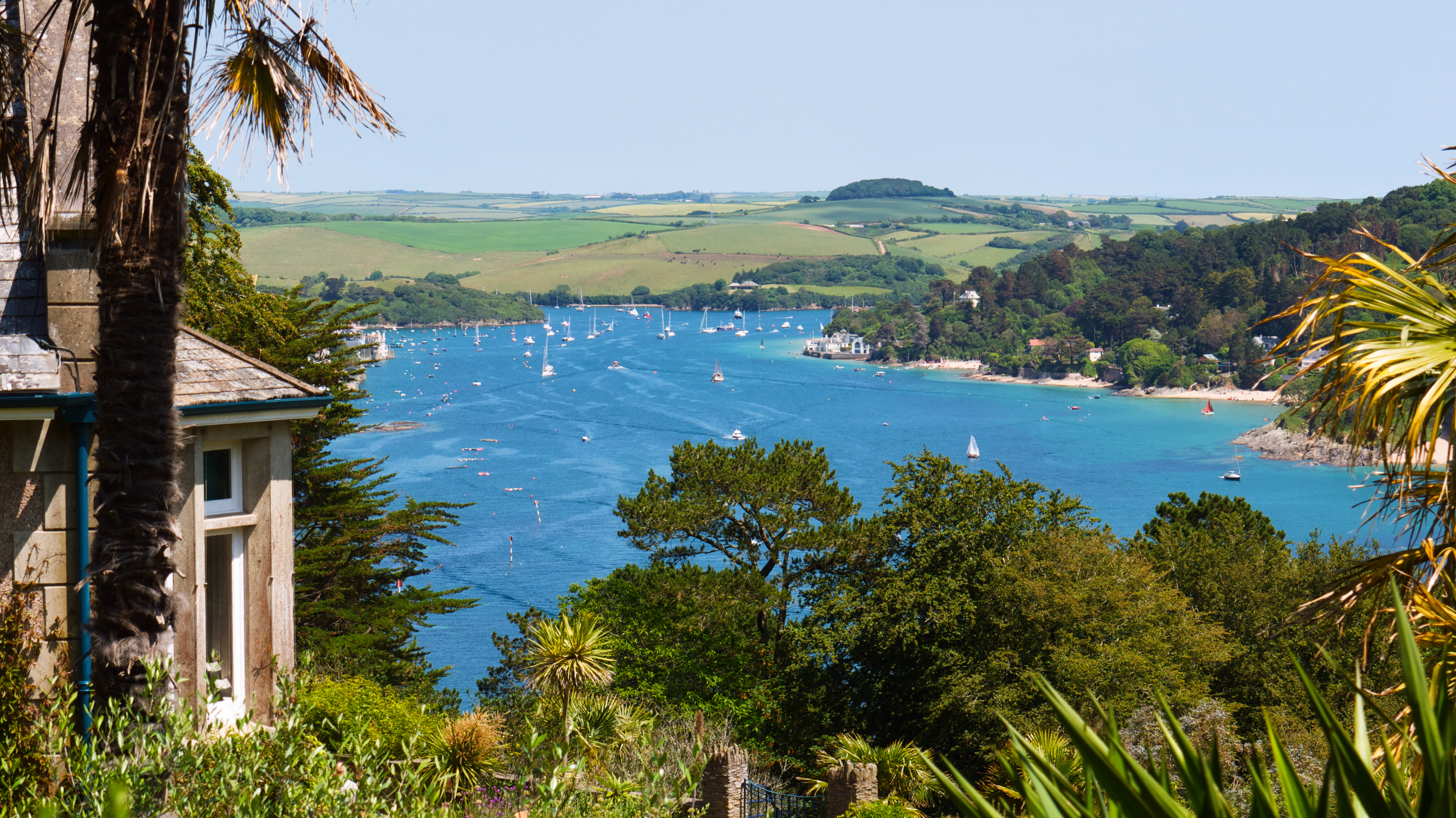 Idyllisk udsigt over Salcombe bugt i Devon med sejlbåde i det blå vand, palmer i forgrunden og det charmerende engelske kystlandskab