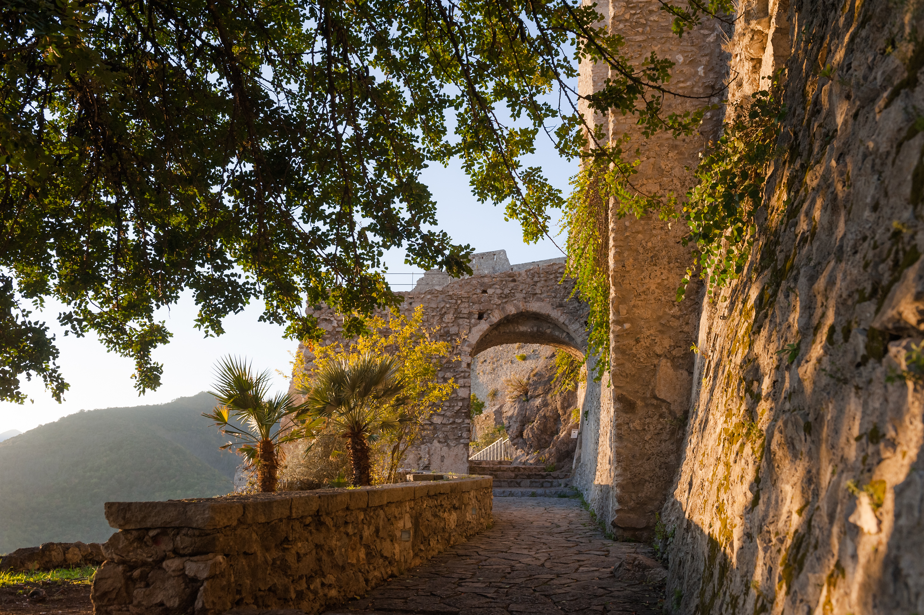 Middelalderlig stenport på Salerno borg med palmer og bjerglandskab på Amalfikysten Italien