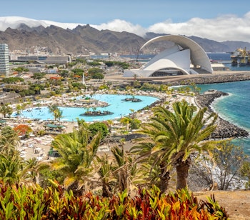 Panoramaudsigt over Santa Cruz de Tenerife med det ikoniske Auditorio de Tenerife, bypooler, palmer og kystlinje under blå himmel