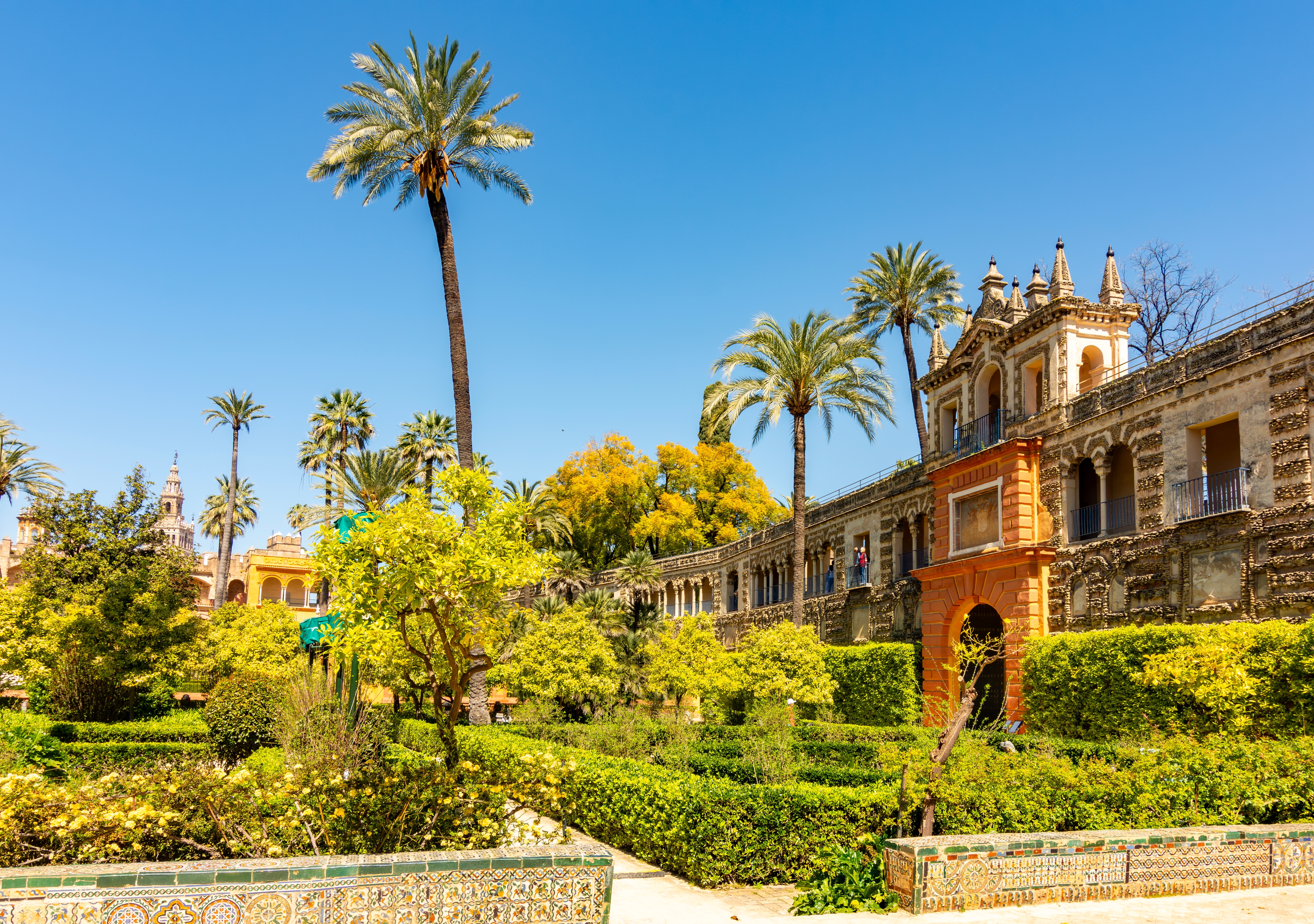 Frodige haver i det kongelige Alcazar-palads i Sevilla med maurisk arkitektur, fontæner og velholdte stier, Andalusien, Spanien