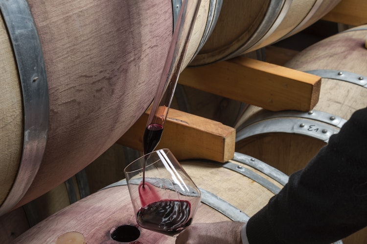 Traditionel siciliansk rødvin der hældes fra træfad til vinglas i historisk italiensk vinkælder