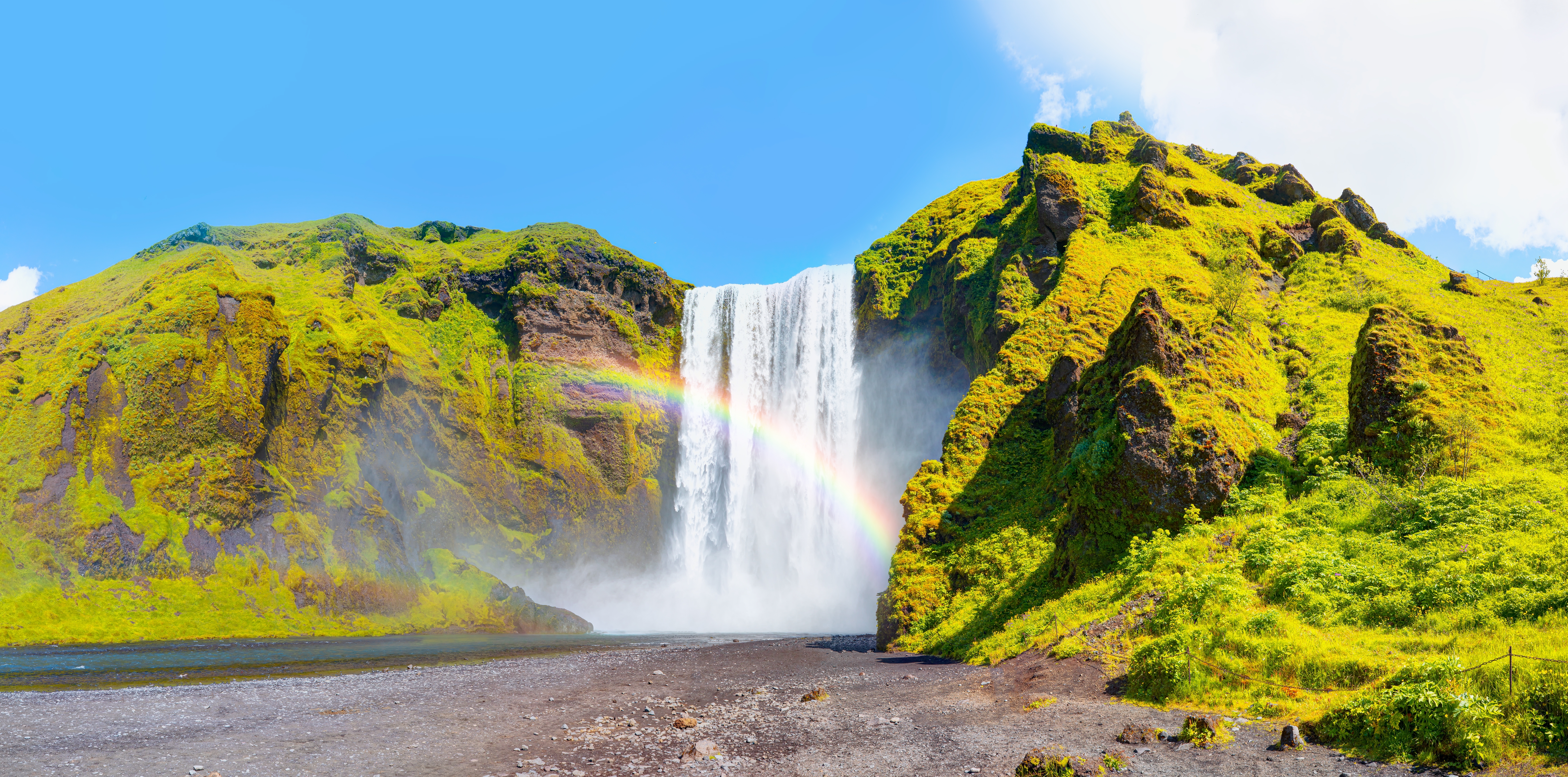 Skogafoss vandfald med regnbue på Island i grønt landskab