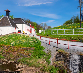 Idyllisk hvidt whisky-destilleri i de skotske Highlands nær Pitlochry med traditionelt pagodetag, rød hegning og blomstrende grønne bakker langs en lille bæk på en smuk sommerdag