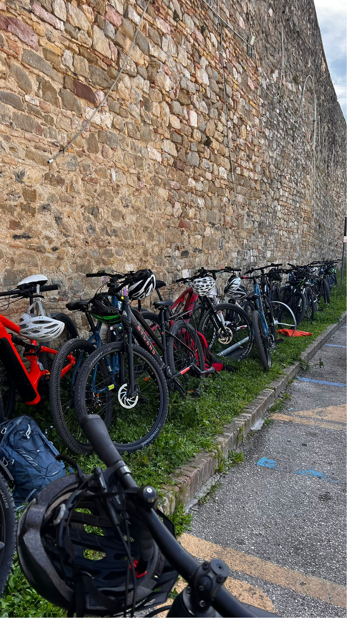 En masse mountainbikes der er lænet op mod en væg