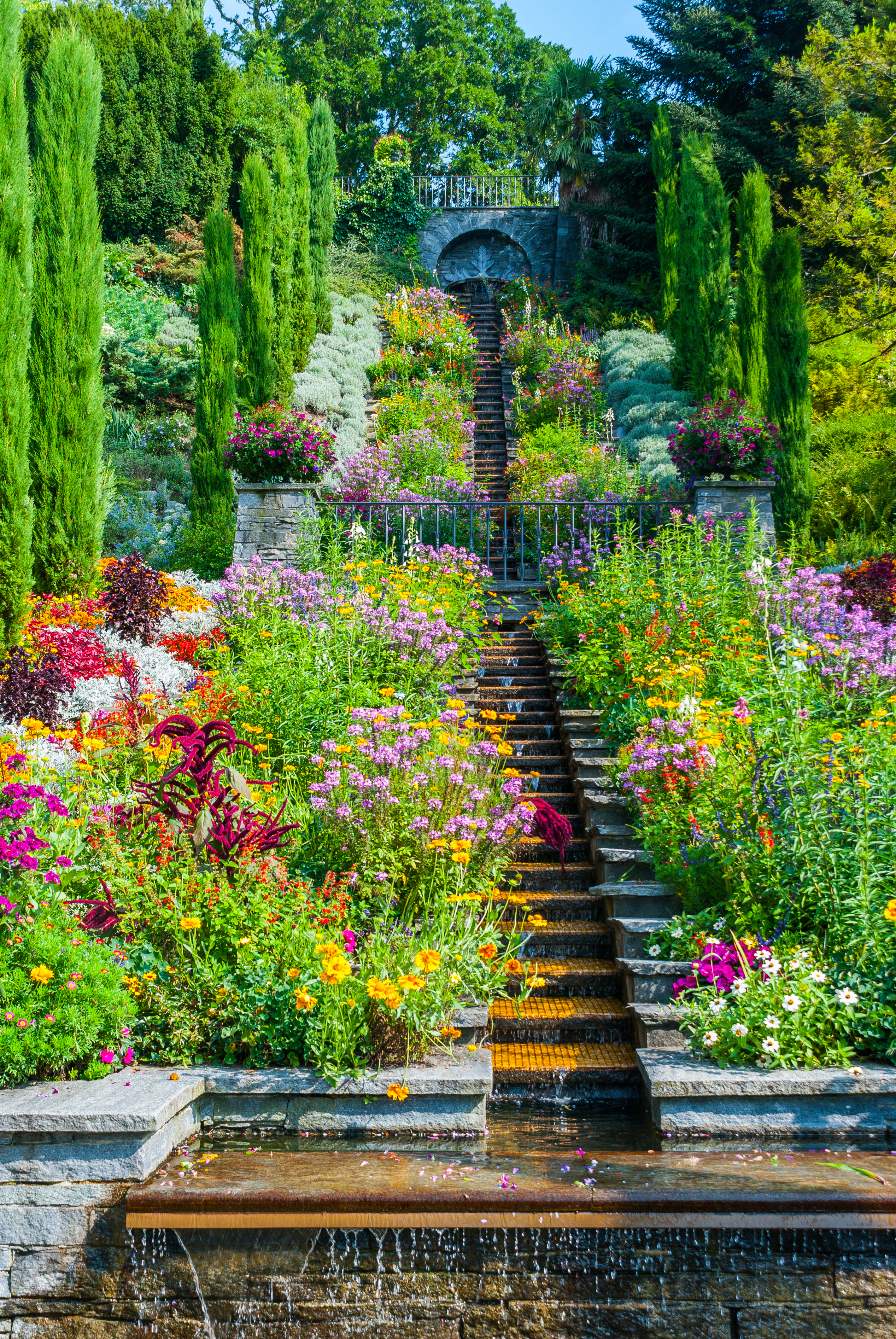 Smukt terrasseret haver med farverige blomster, vandløb og stentrappe