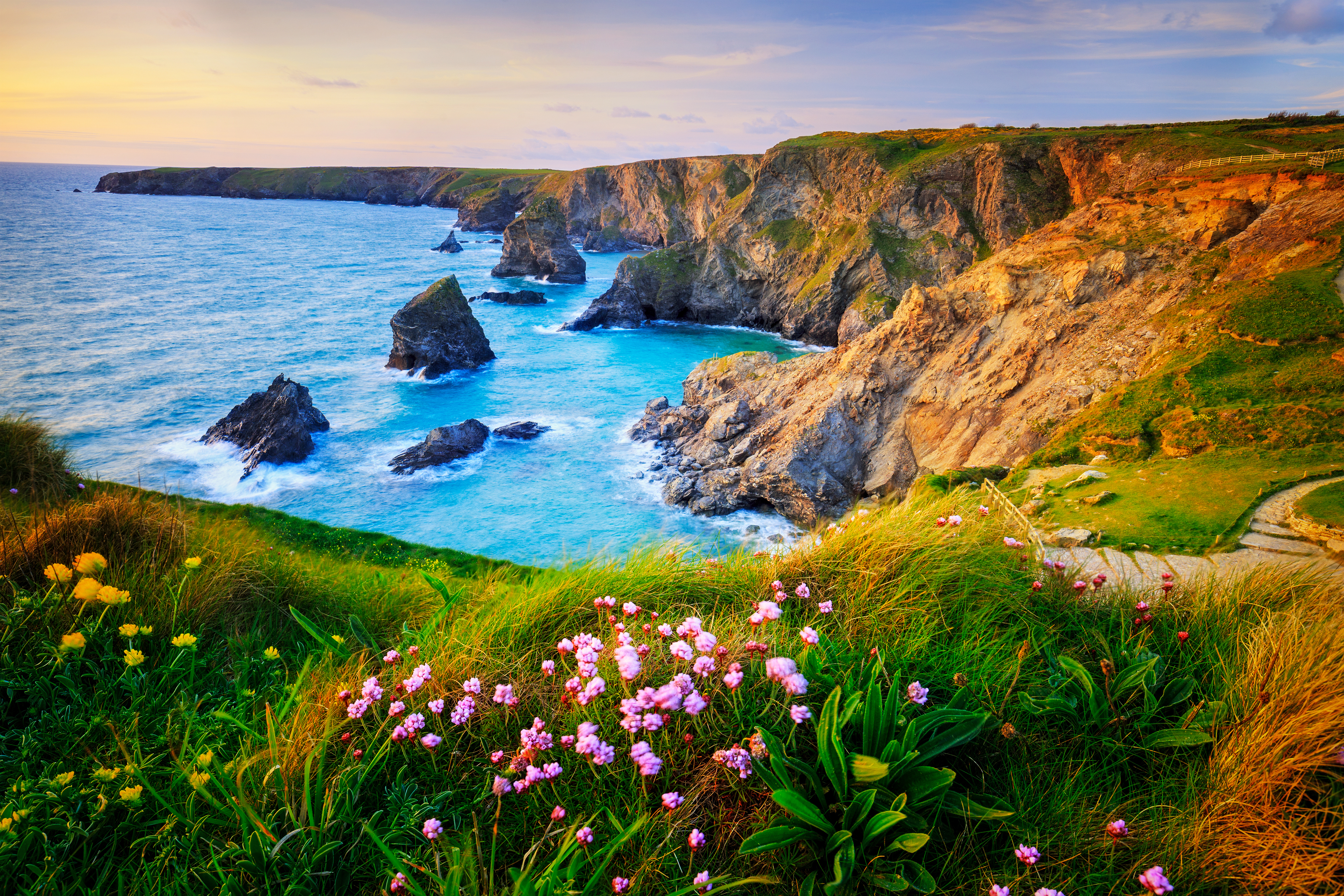 Betagende solnedgang ved de dramatiske kystklinter ved Bedruthan Steps i North Cornwall, England, med turkisblåt vand og vilde blomster i forgrunden