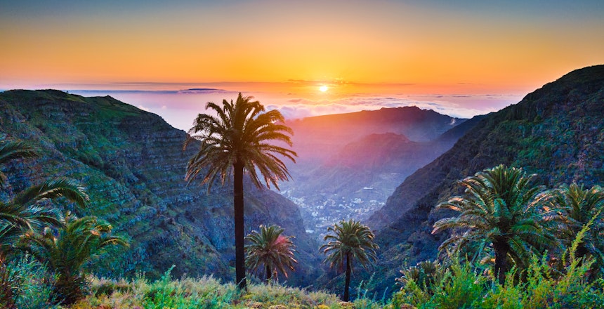 Betagende solnedgang over bjergdal med eksotiske palmer og udsigt til havet på De Kanariske Øer, Spanien
