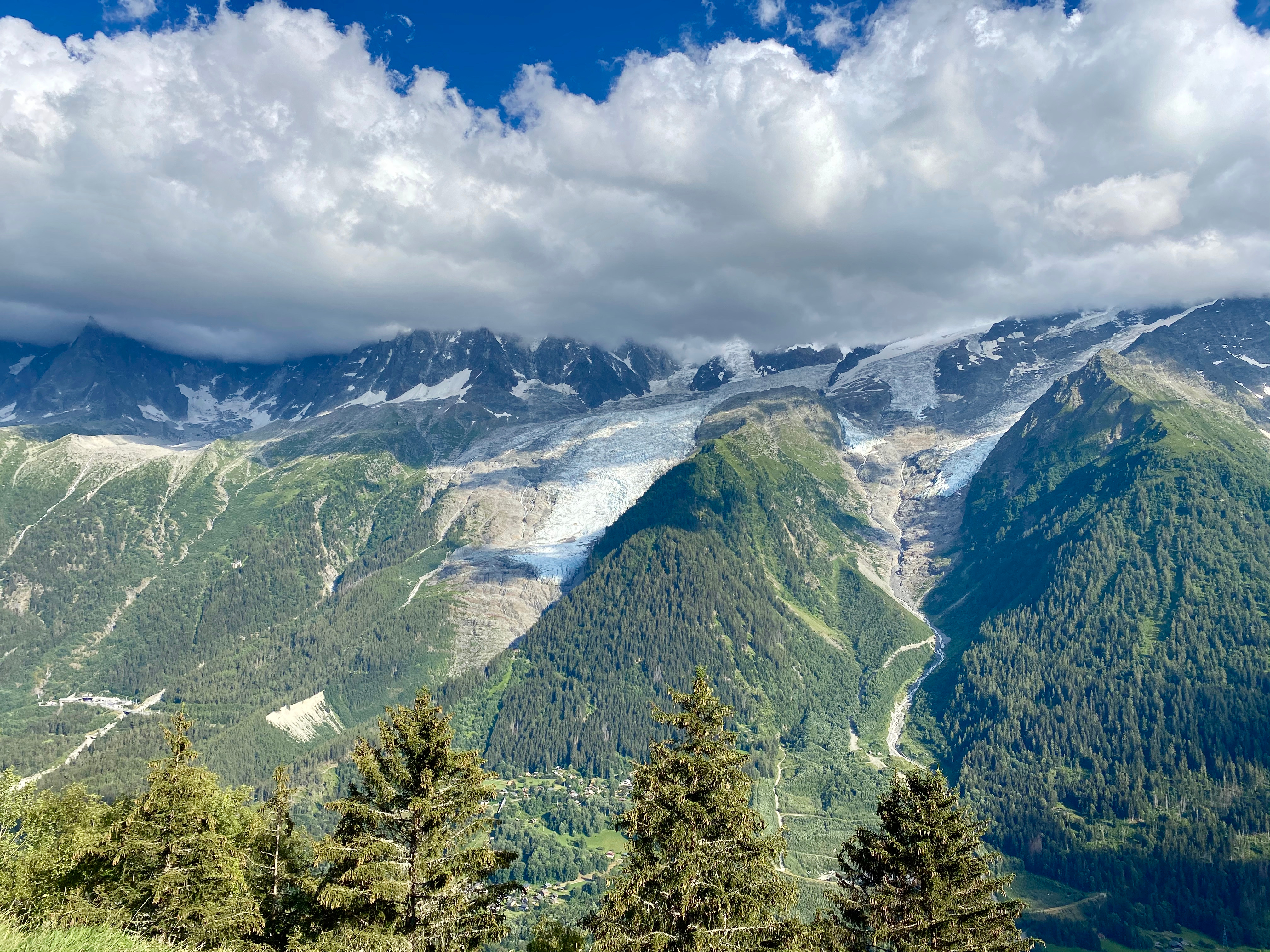 Idyllisk sommerligt alpelandskab med grønne bjerge, skov og blå himmel - perfekt til vandreferie i Alperne
