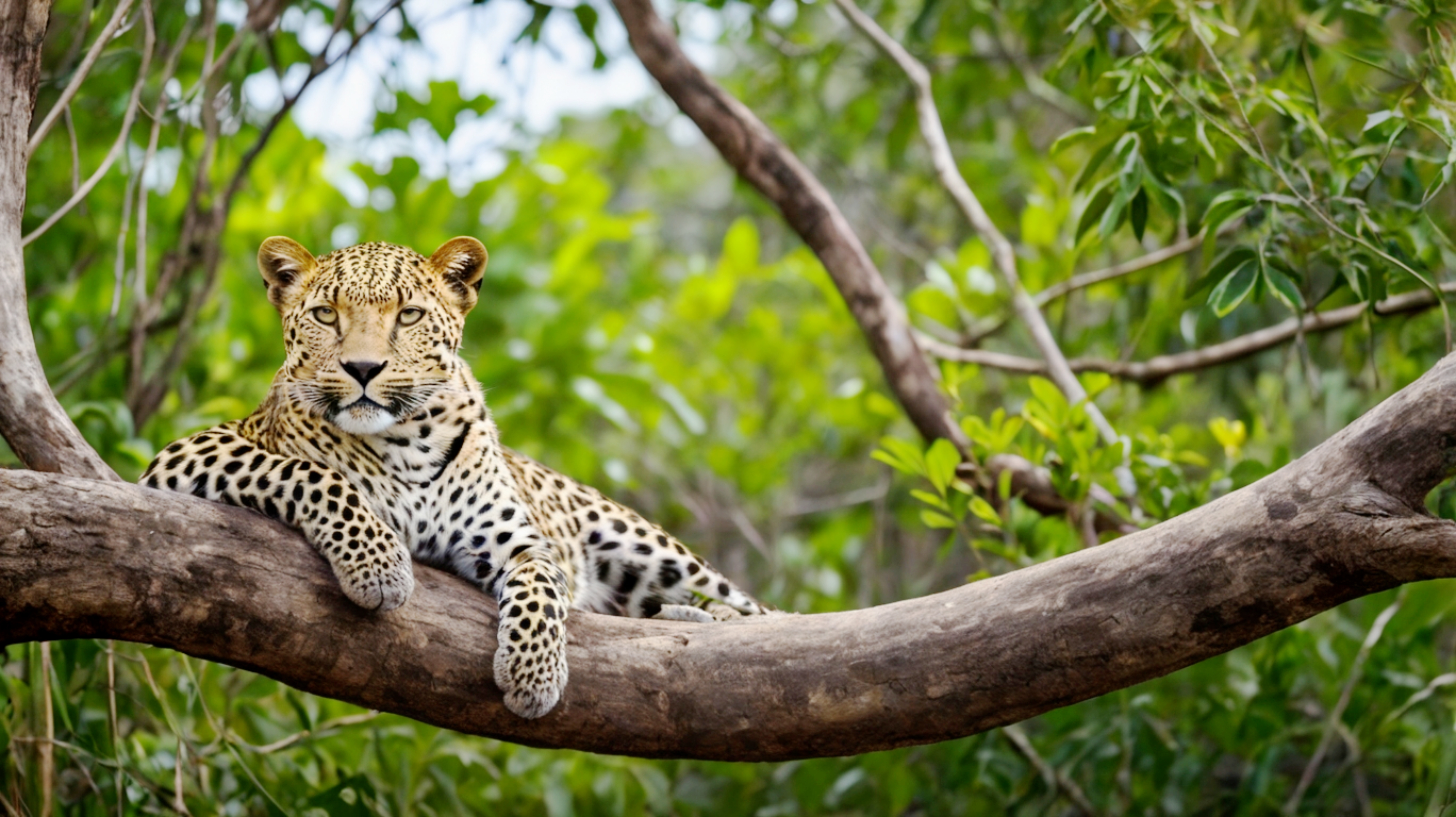 Majestætisk srilankansk leopard (Panthera pardus kotiya) hvilende på en trægren i Yala Nationalpark, et højdepunkt på safari i Sri Lanka