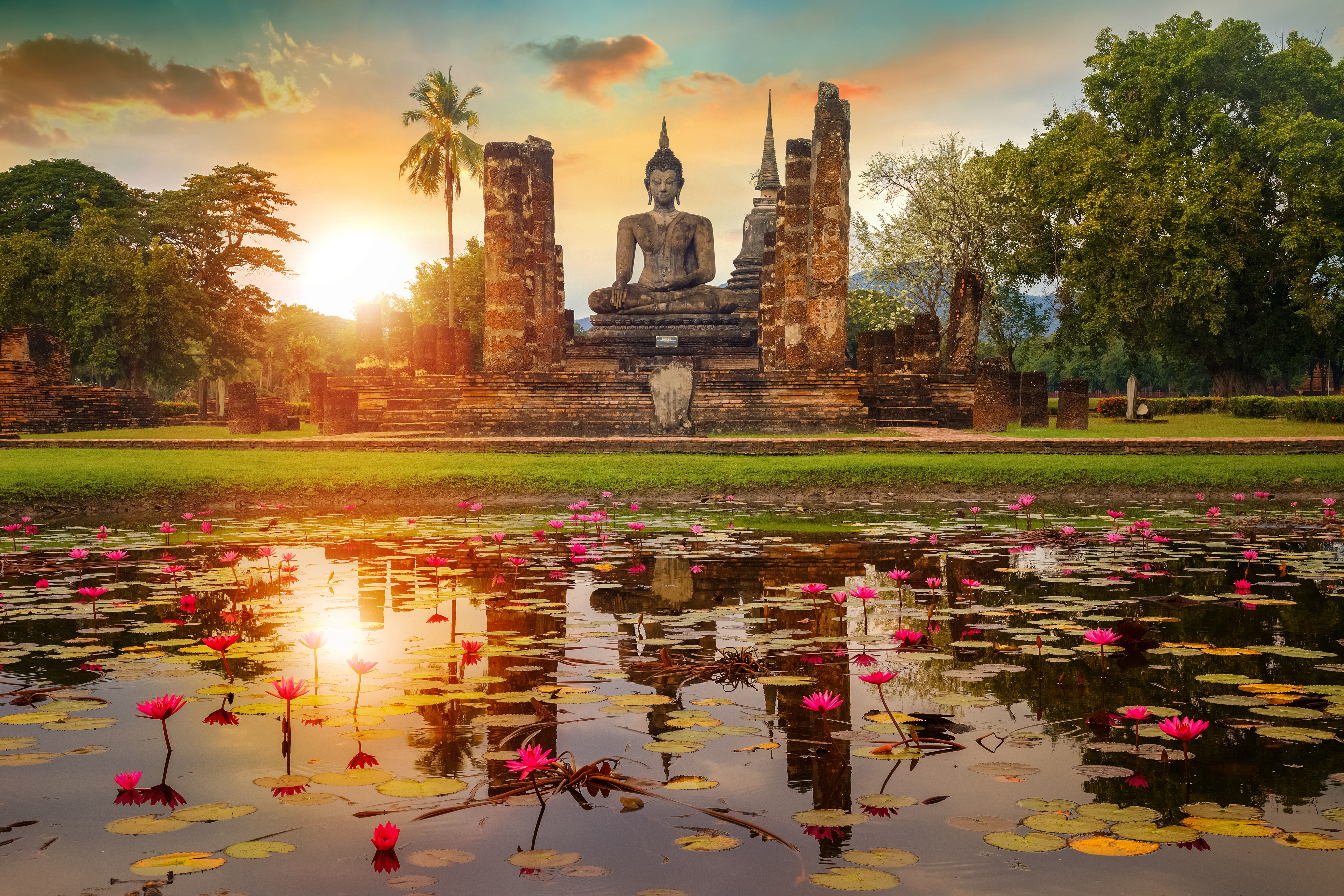 Gammel Buddha statue ved Sukhothai Historiske Park i Thailand med lotus blomster og solnedgang