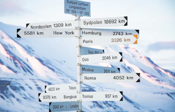 Destinationsskilt på Svalbard Longyearbyen der viser afstande til verdenshovedstæder med snedækkede arktiske bjerge