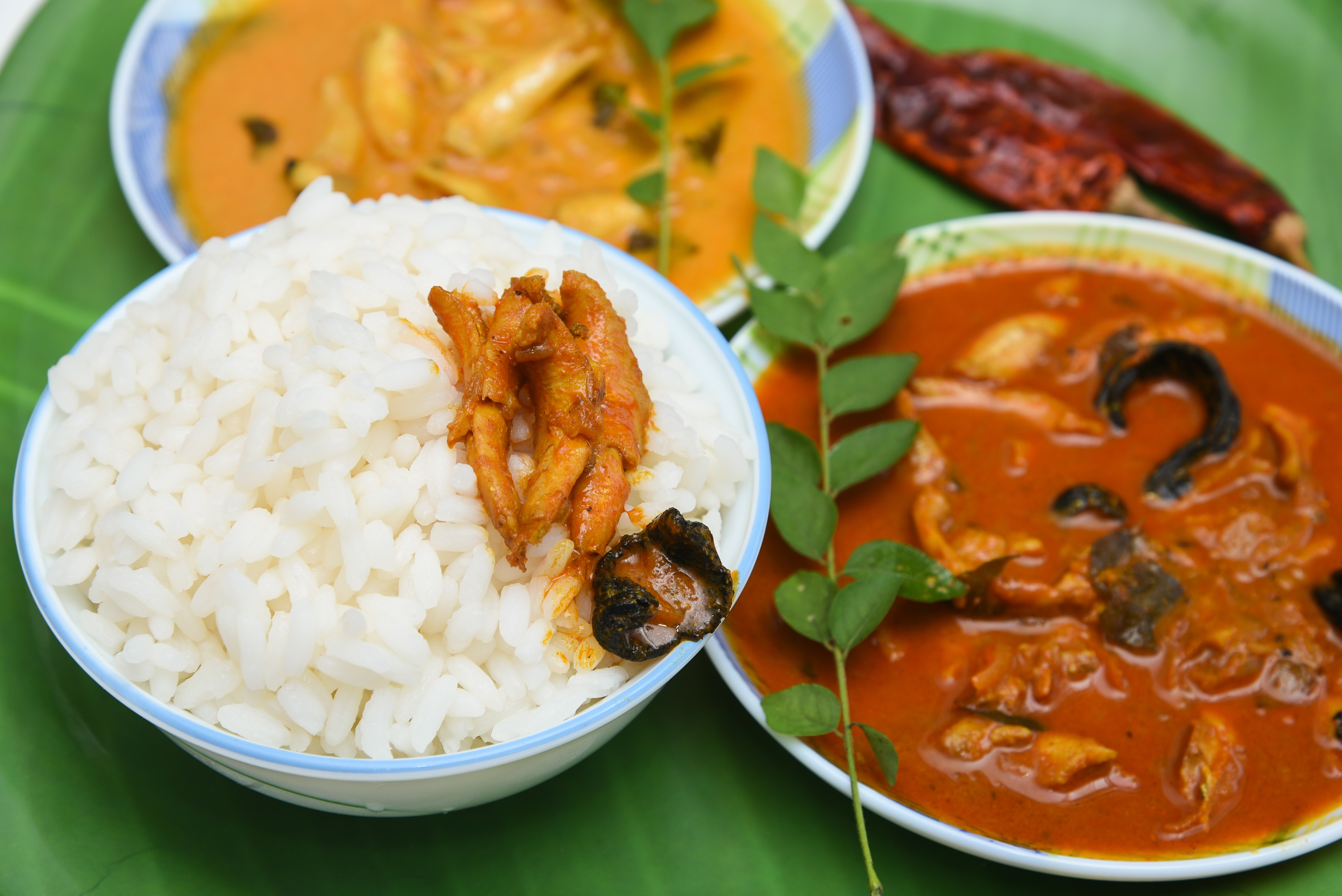 Traditionel sydindisk anchovy masala fiskecurry serveret med hvid ris på bananblad - en populær kystregionstilberedning fra Kerala