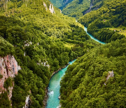 Betagende udsigt over Tara-flodkløften i Montenegro med den snoede blå flod, der skærer gennem frodige grønne skove og dramatiske bjerge - et populært rejsemål for rafting og vandring