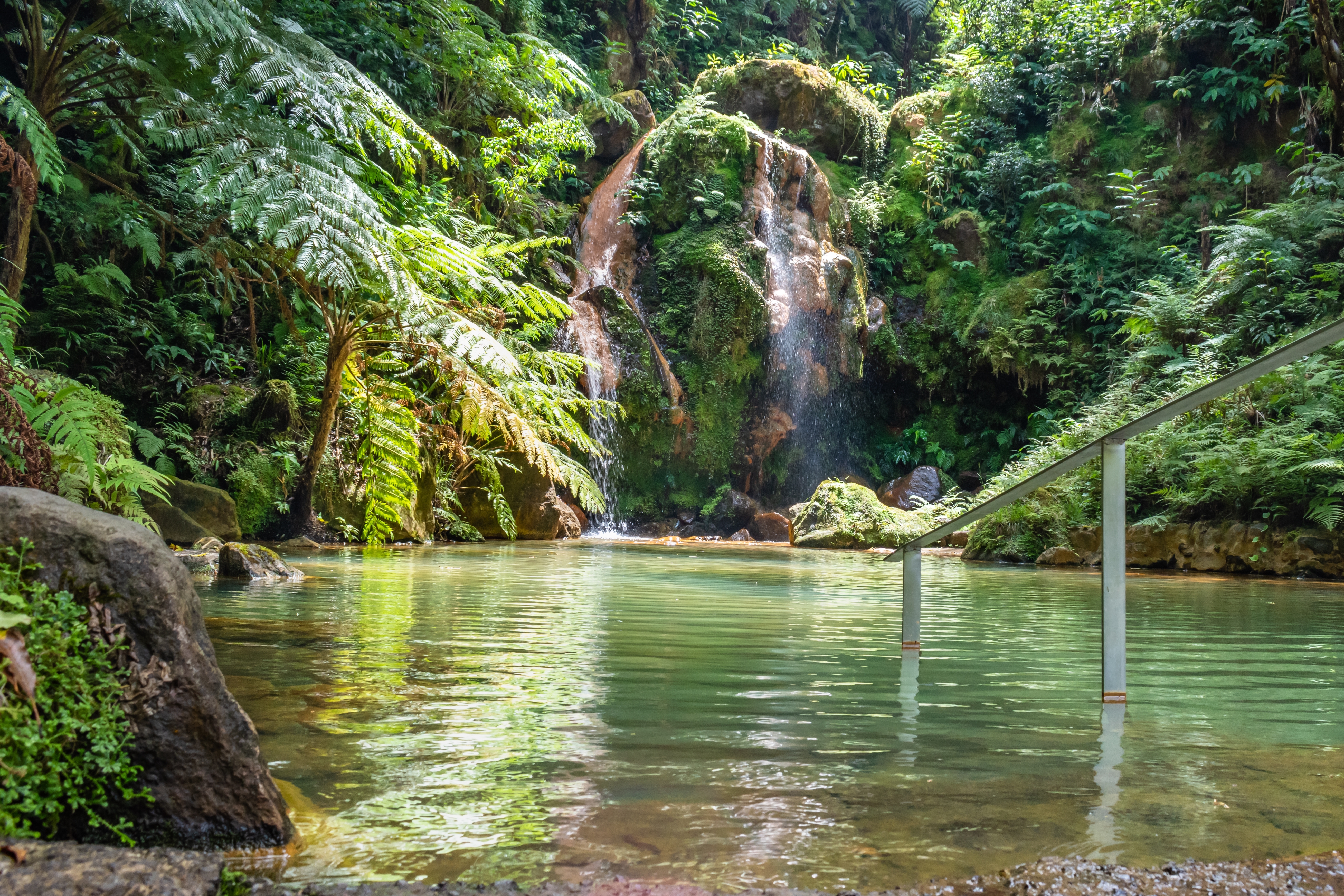 Naturlig termisk pool med vandfald i frodig regnskov på Azorerne Portugal