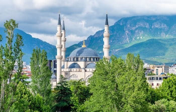Sommerlig udsigt over det centrale Tirana med frodige grønne trætopppe og historiske moskéer, der rejser sig over Albaniens charmerende hovedstad
