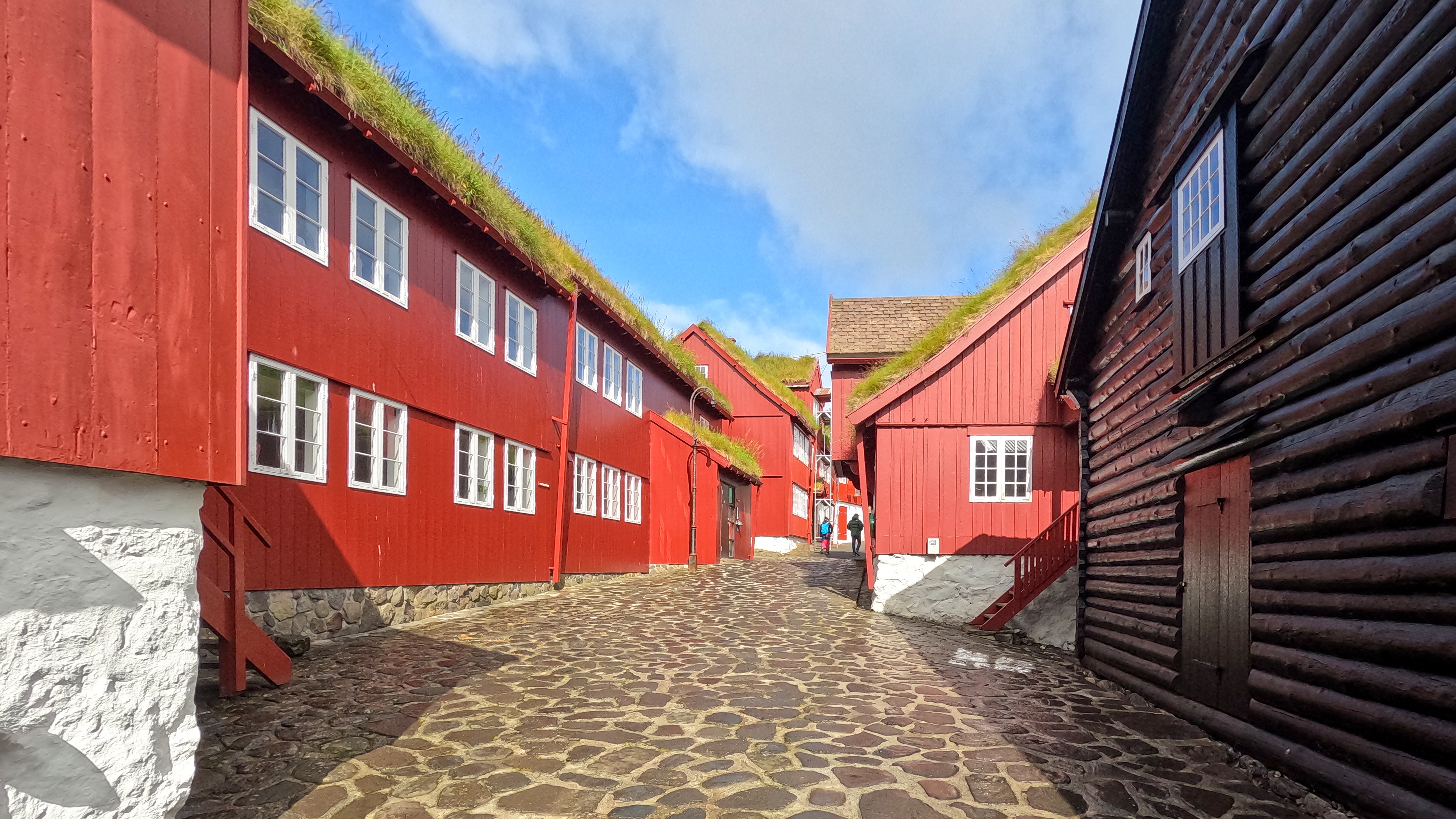 Røde skandinaviske træhuse med grønne græstage langs en brolagt gade i Tinganes-kvarteret i Tórshavn på Færøerne
