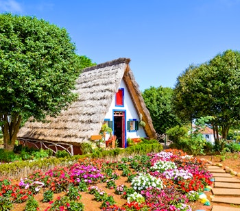 Traditionelle trekantede stråtækte huse i Santana på Madeira med farverig blomsterhave, en ikonisk seværdighed og del af Portugals kulturarv