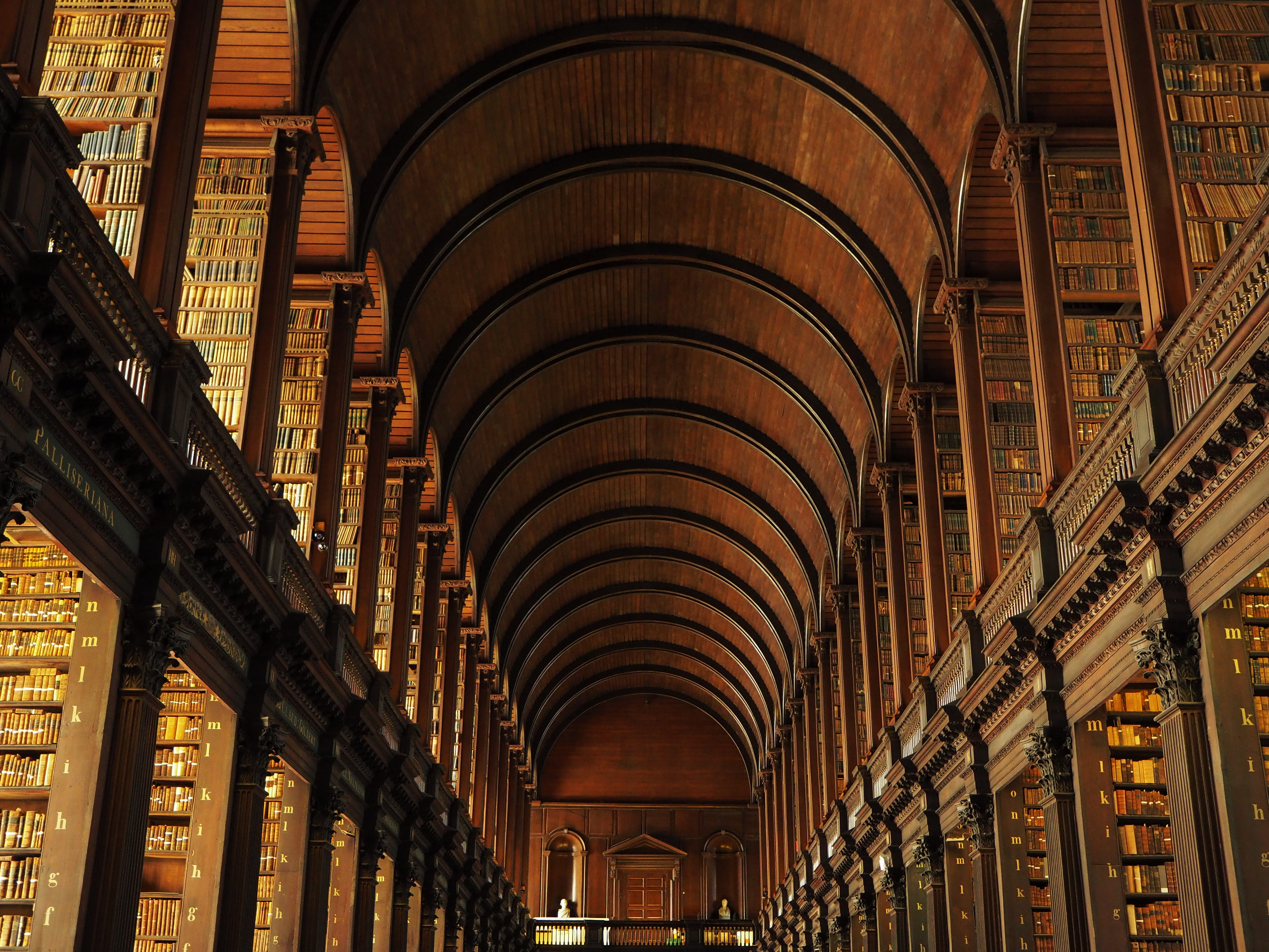 Det historiske Long Room i Trinity College biblioteket i Dublin, Irland, med hvælvede trælofter og imponerende bogreoler fyldt med gamle bøger