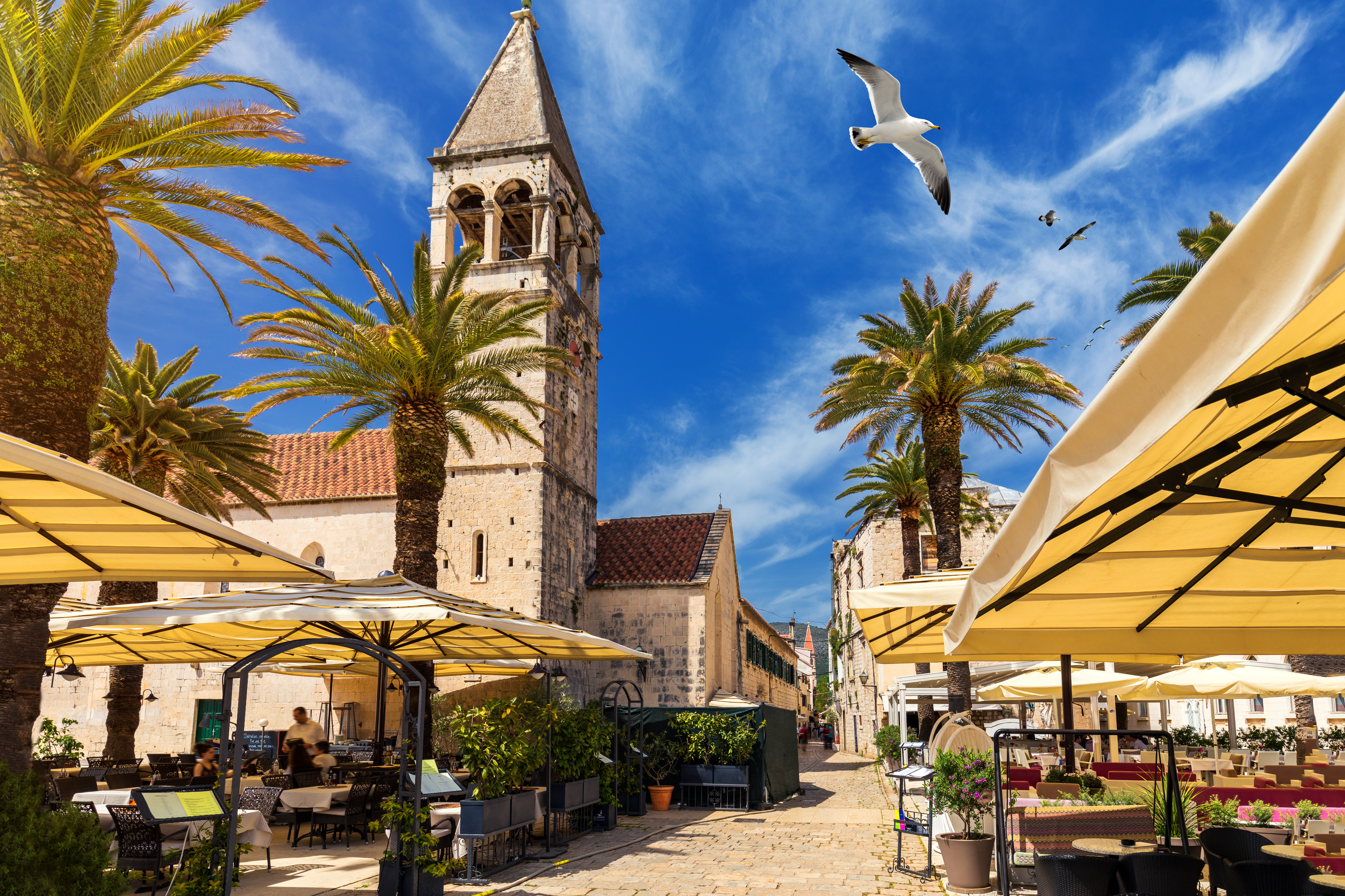 Historisk Trogir by med middelalderligt klokketaarn og udendoers restauranter i Kroatien