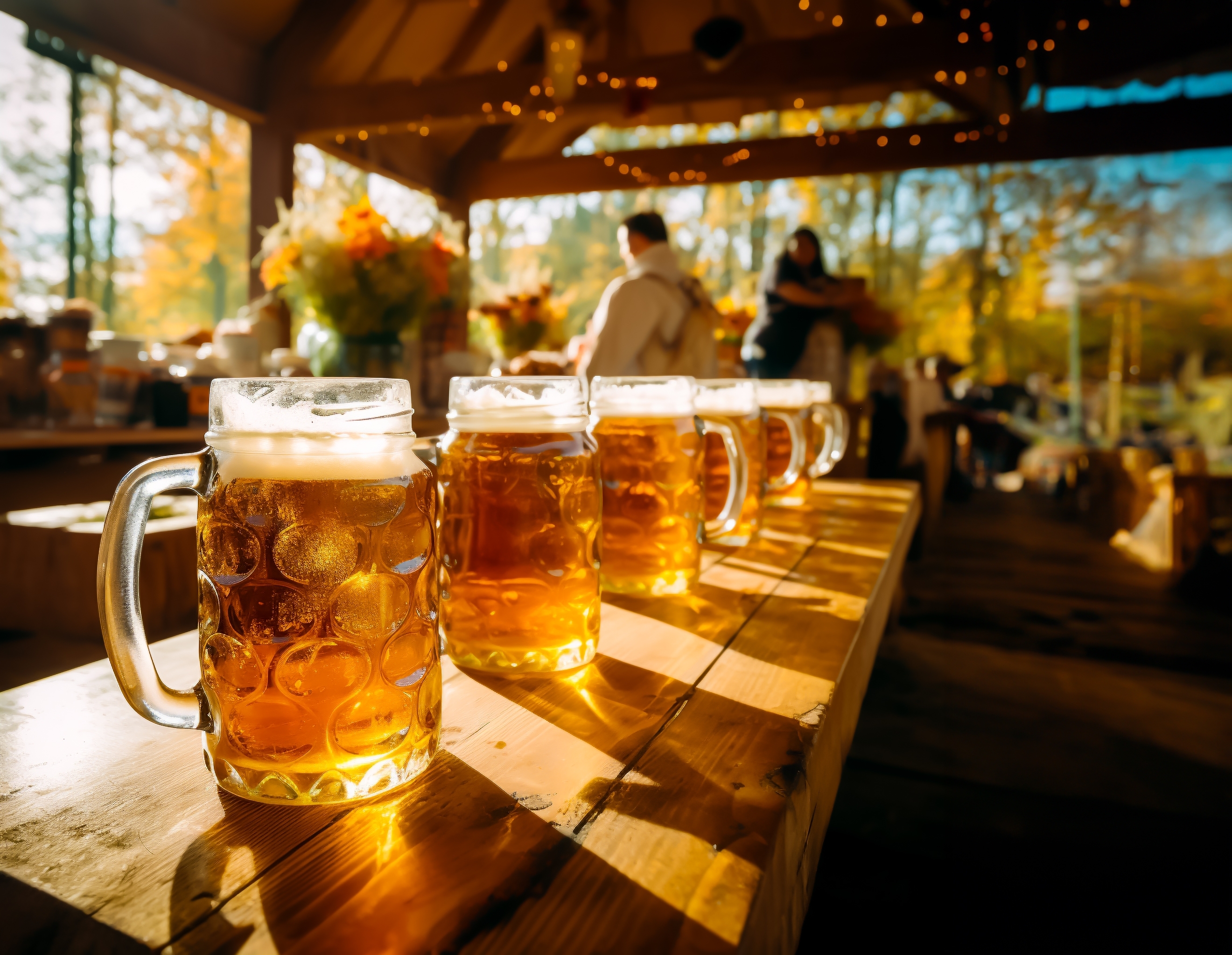 Traditionelle tyske ølkrus med gyldent øl på Oktoberfest i München