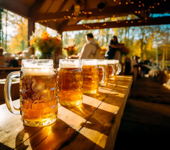 Traditionelle tyske ølkrus med gyldent øl på Oktoberfest i München