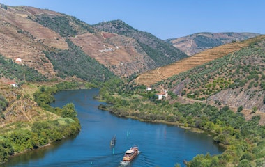 Udflugtsbåd sejler gennem Douro-flodens snoede løb omgivet af grønne vinmarker i Alto Douro vinregionen i Portugal