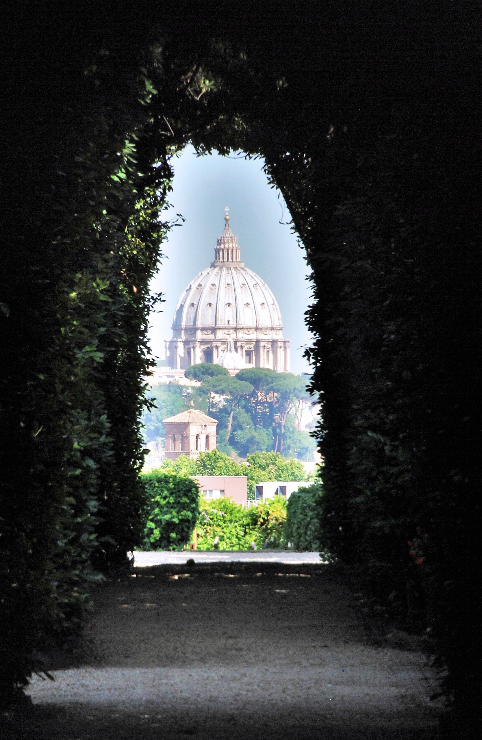 Udsigt til Sankt Peters kuppel i Rom gennem en hæk