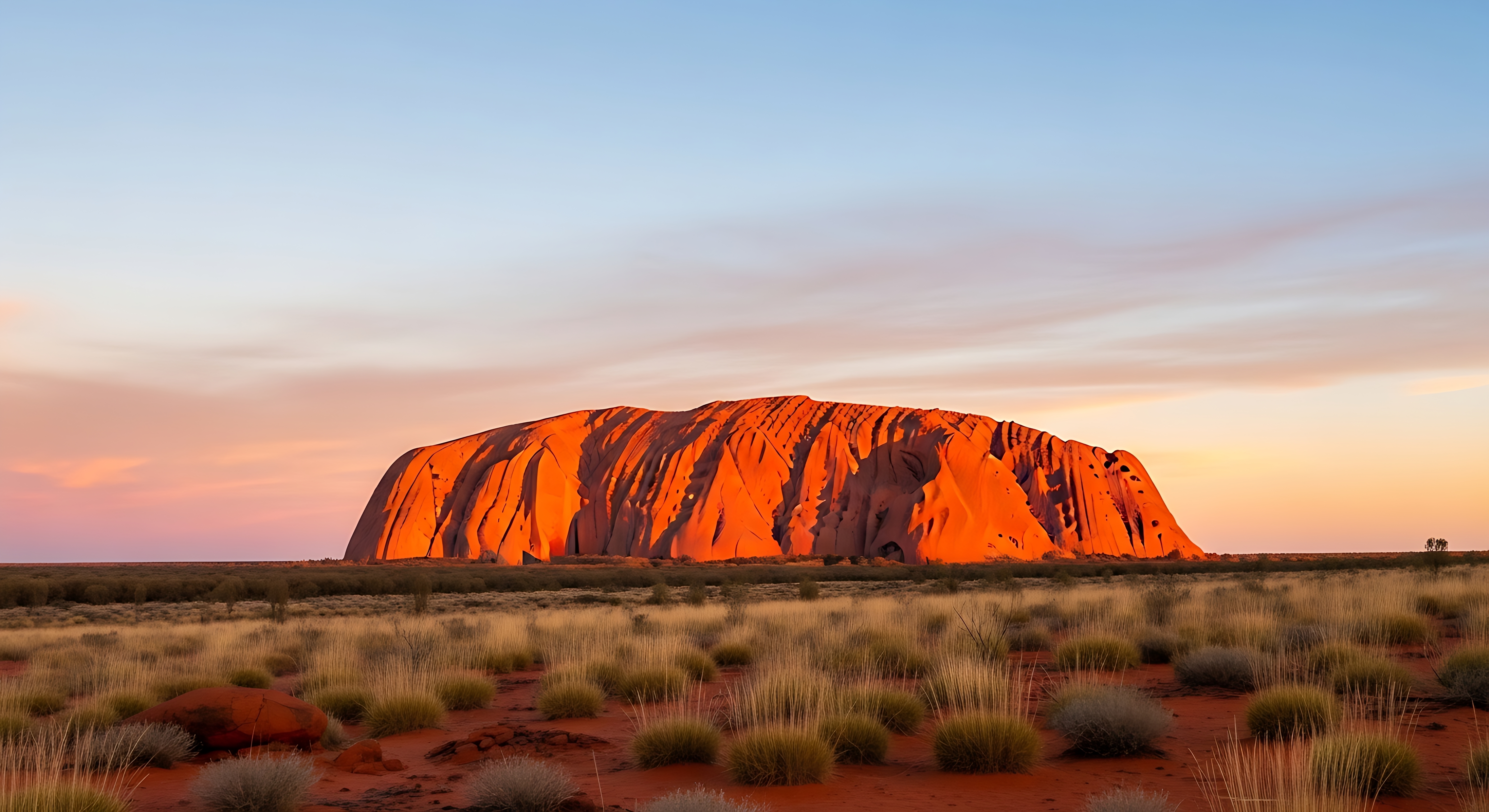 Uluru ved solopgang med den karakteristiske røde sandsten, der lyser op i det australske outback