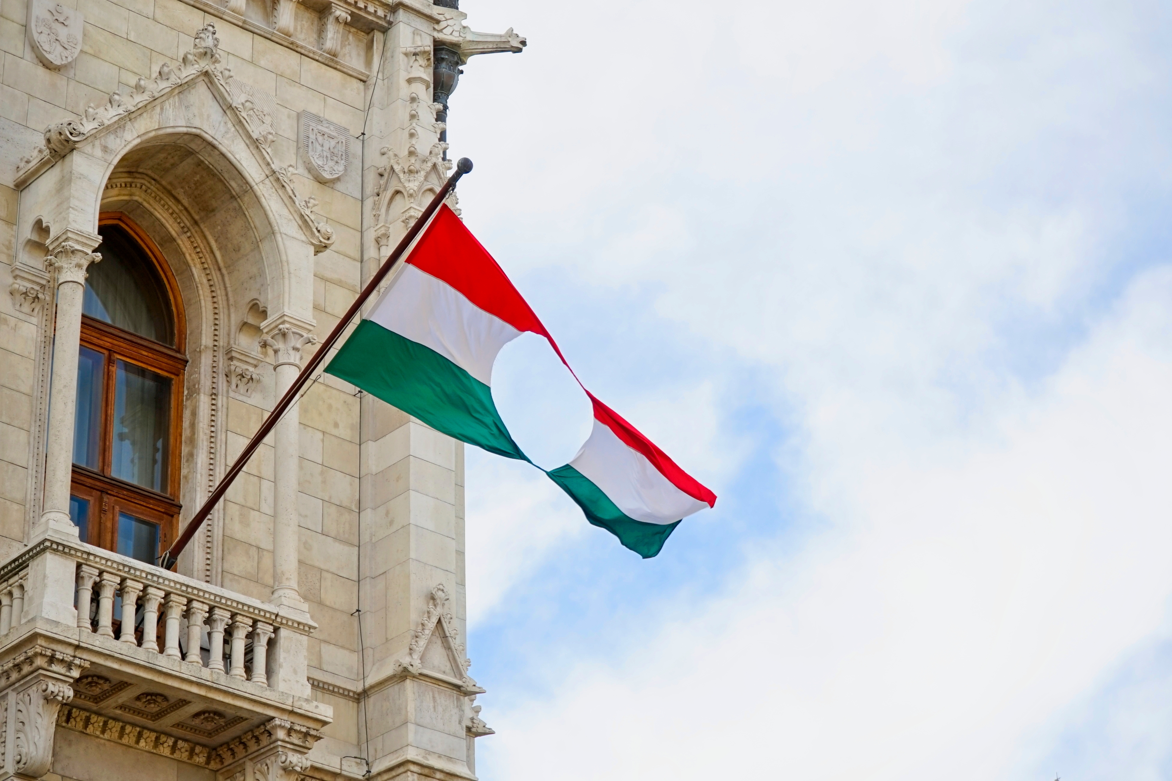 Ungarsk flag med hul foran parlamentsbygningen i Budapest, symboliserer revolutionen i 1956 og kampen for frihed
