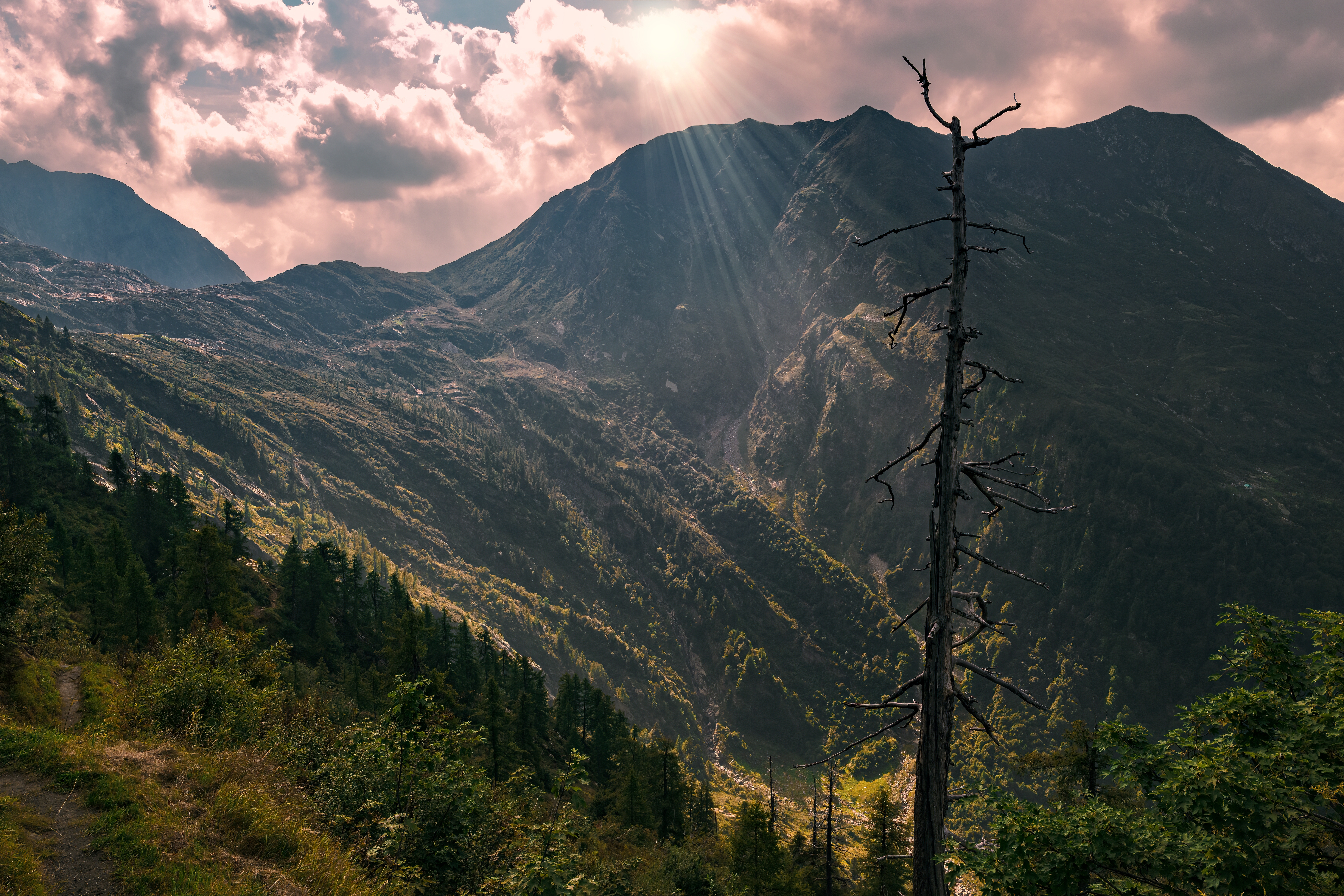 Betagende efterårslandskab i Val Grande nationalpark med farverige skove, majestætiske bjergtinder og historiske stenbygninger i de nordlige italienske alper