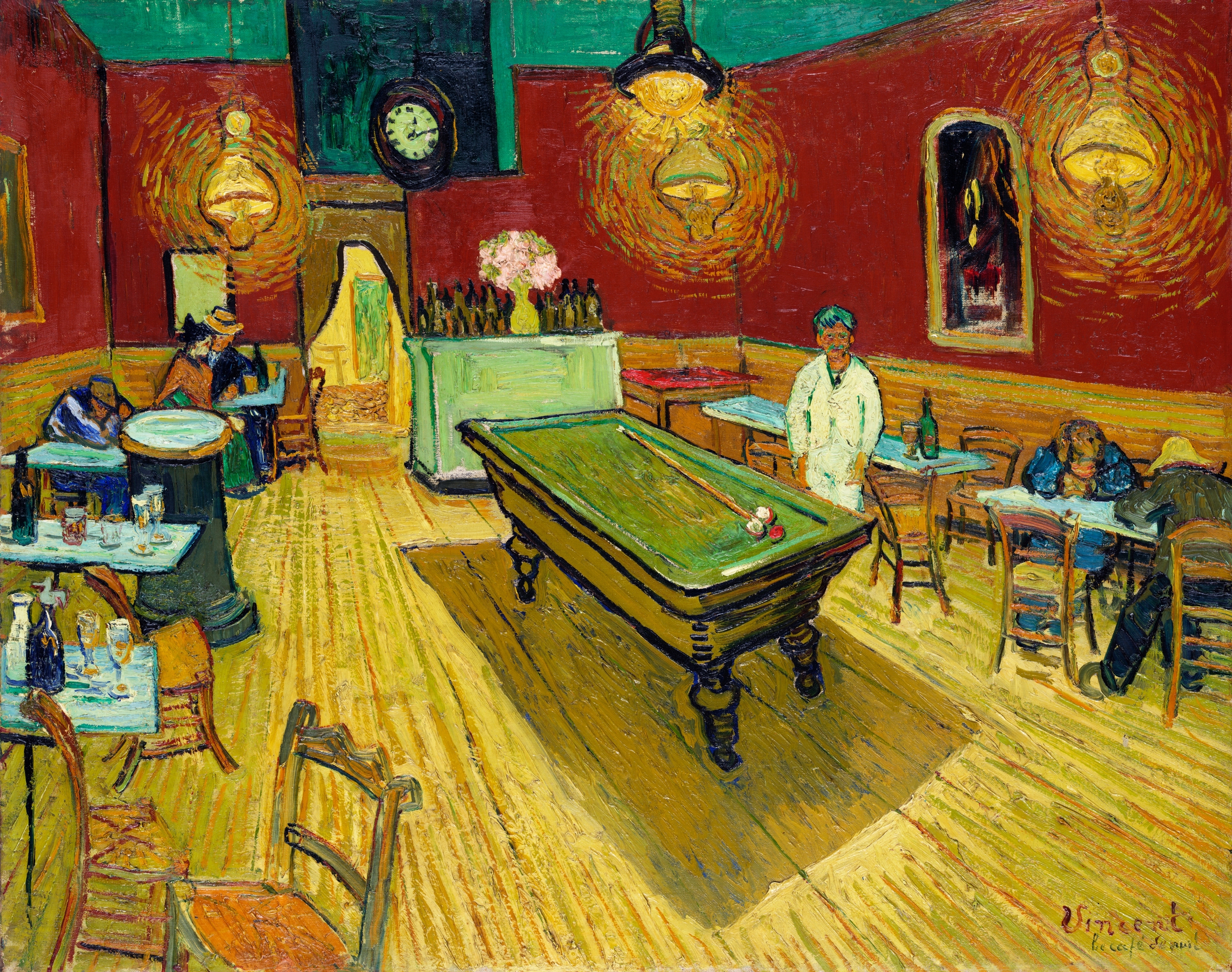 Van Gogh-inspireret kunstillustration af natcaféen i Arles med grønt billardbord, caféborde og varmt gult lampelys