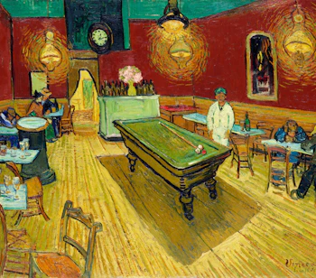 Van Gogh-inspireret kunstillustration af natcaféen i Arles med grønt billardbord, caféborde og varmt gult lampelys