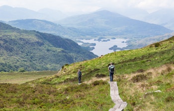 Smuk træbelagt vandresti på Torc-bjerget med udsigt over Upper Lake i Killarney Nationalpark, Irland