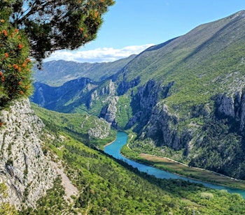 En betagende udsigt over Cetina-floden under en vandretur, der viser storslået natur og turkis vand i Kroatien.