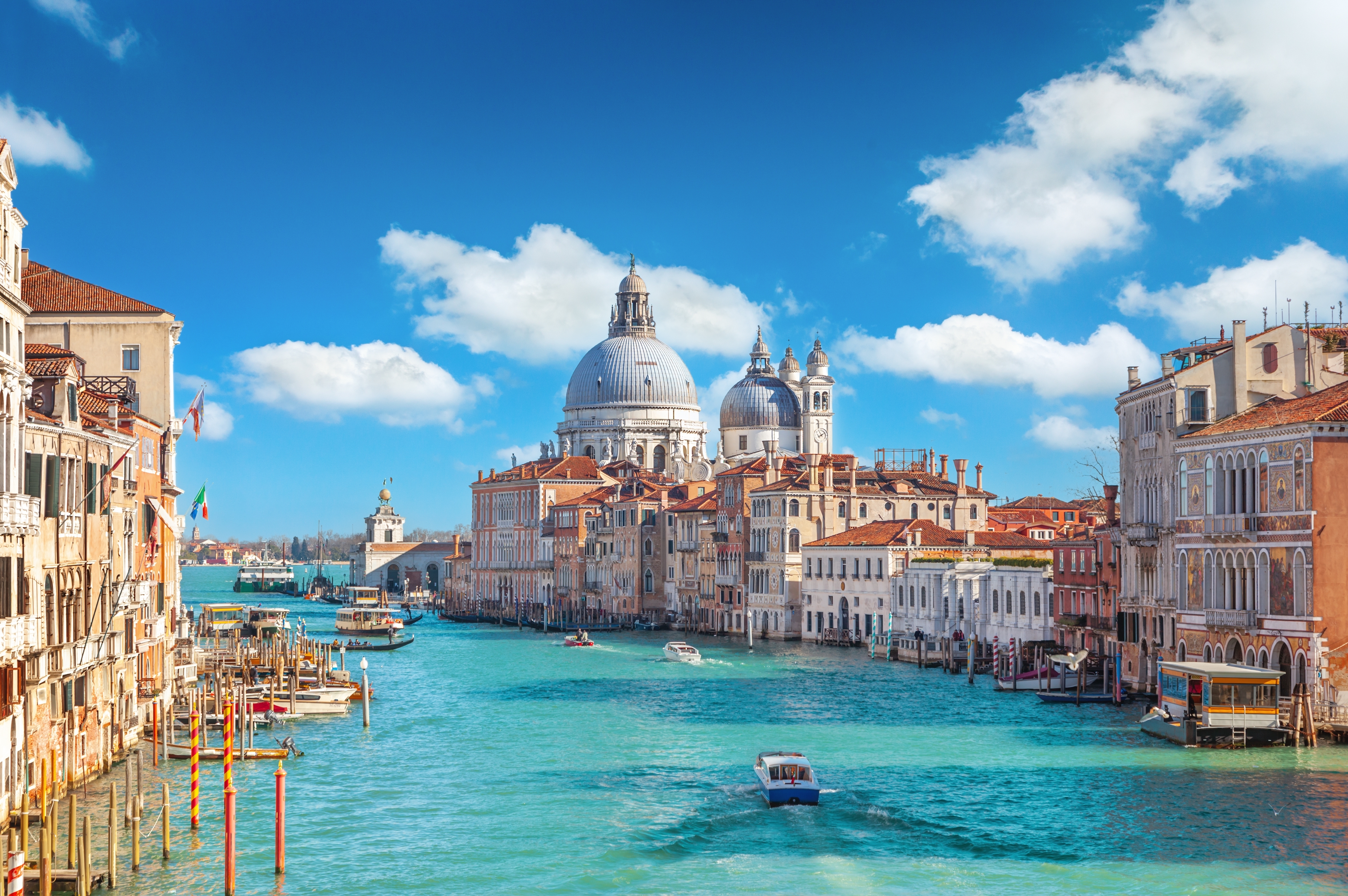 Venedigs smukke Grand Canal med Santa Maria della Salute basilika og traditionelle gondoler