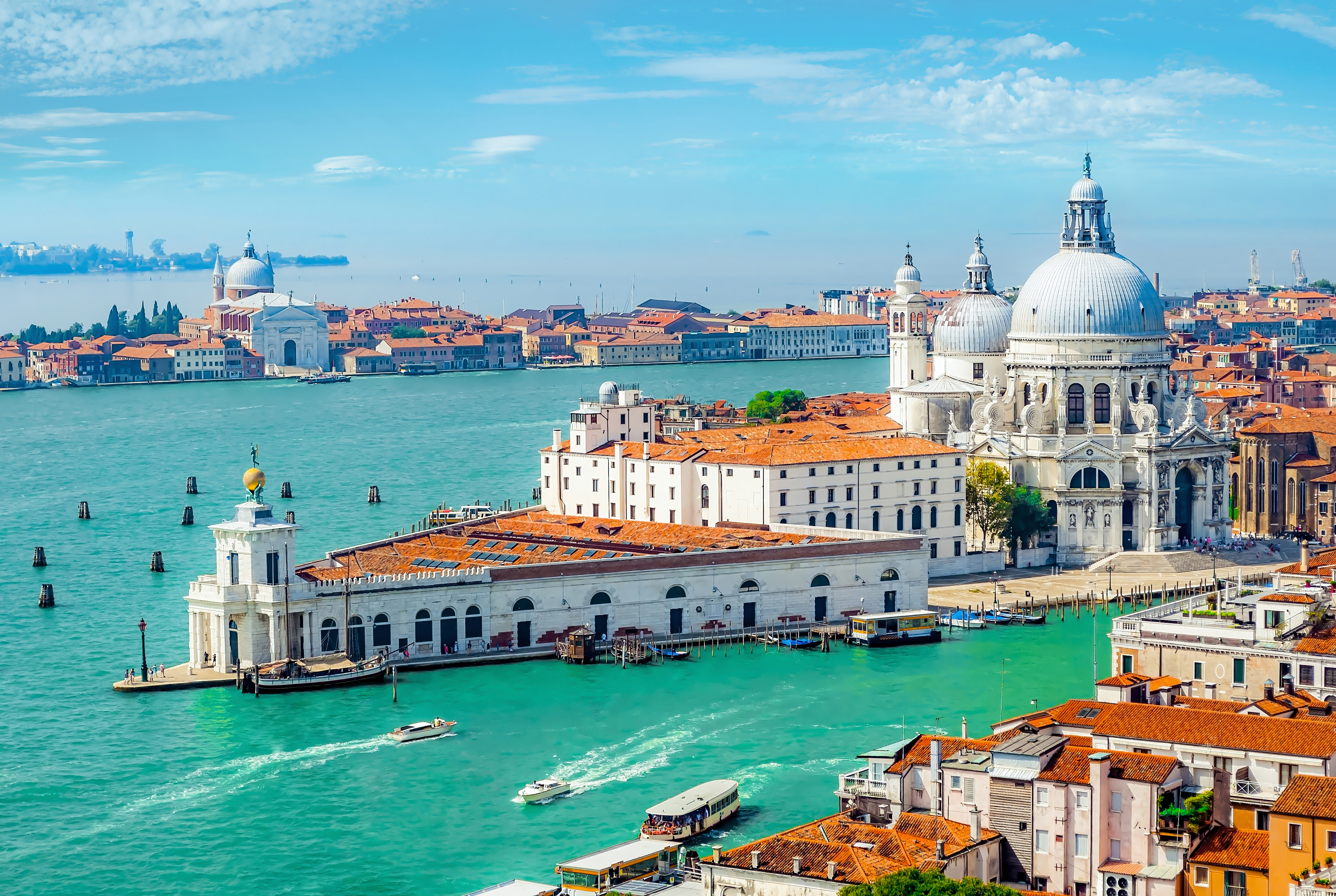 Smuk udsigt over Santa Maria della Salute katedralen i Venedig med den ikoniske kuppel der troner over Grand Canal og den blå venetianske lagune