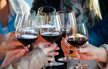 Gruppe af venner der skåler med rødvin i Toscana, Italien. Festlig stemning under vinsmagning på en social rejseoplevelse i det italienske vinland.