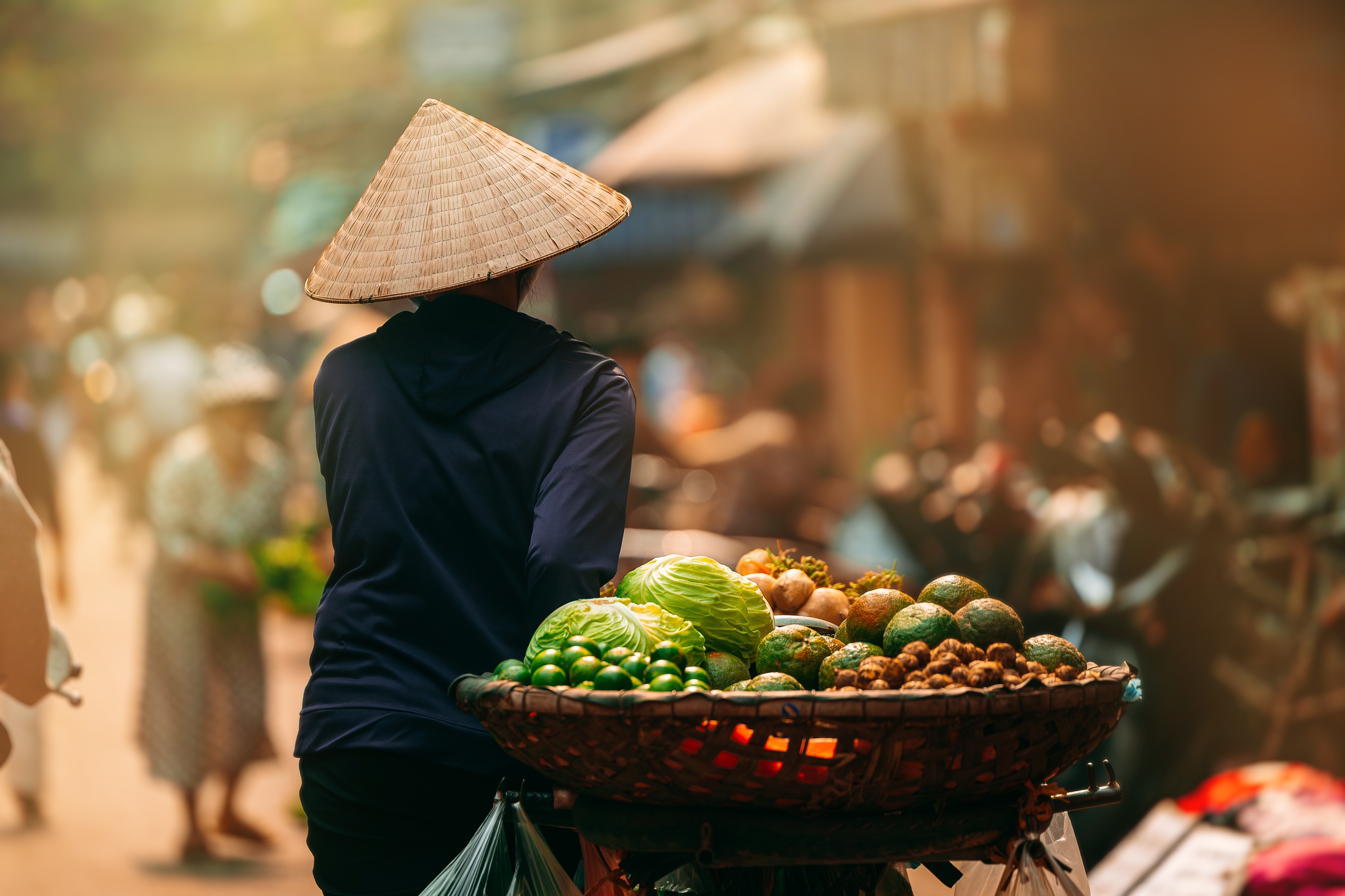 Vietnamesisk groentsælger på lokalt marked i Hanoi med friske frugter og grøntsager