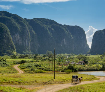 Betagende solopgang over UNESCO-verdensarvsområdet Viñales-dalen i Cuba med karakteristiske mogote-kalkstensformationer, der rejser sig fra de frodige grønne tobaksmarker indhyllet i morgentåge